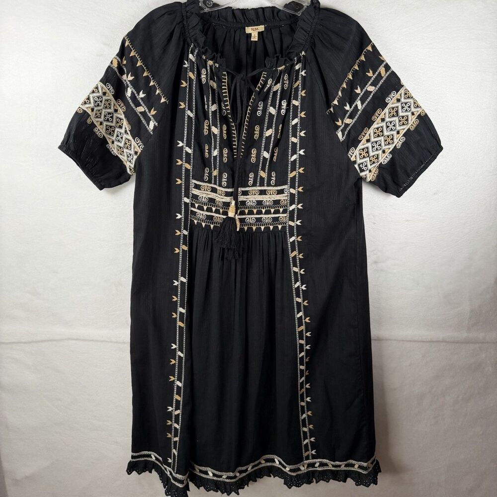Reba Black Embroidered Dress Boho Peasant Dark Romantic Cottagecore Tribal Sz S